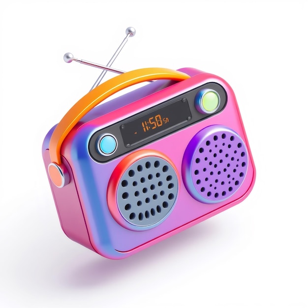 Colorful retro radio with digital clock and chrome accents on white background