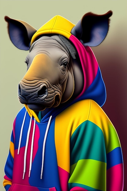 A colorful rhino wearing a hoodie that says'i'm a rhino '