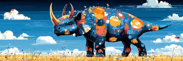 Colorful Rhinoceros in a Field with Blue Sky