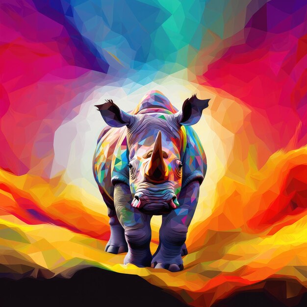 Colorful rhinoceros is depicted in a low poly style grey backorund Generative ai