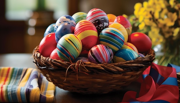 colorful ribbons to the basket handle and around the eggs for a festive and polished look