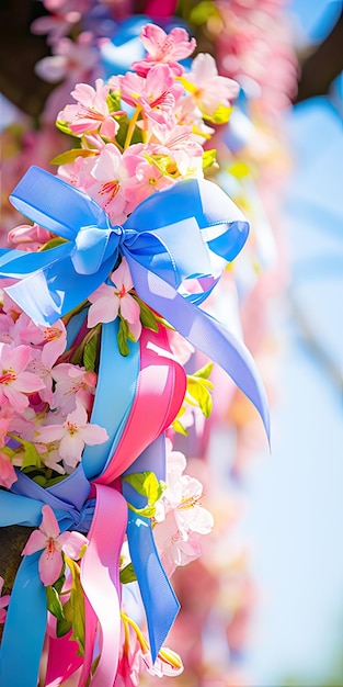 Colorful Ribbons Flower Wreath on Tree in Spring Garden Symbol of Beltane and Pagan Traditions