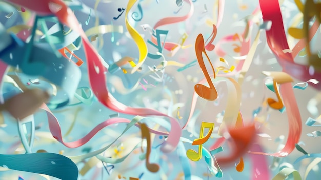 Colorful ribbons and musical notes float in the air creating a festive and lively celebration scene with a sense of movement and joy