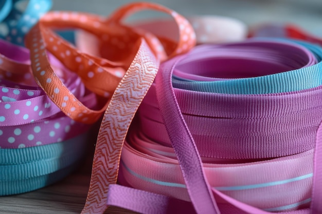 Photo colorful ribbons in various textures and patterns arranged neatly on a wooden surface