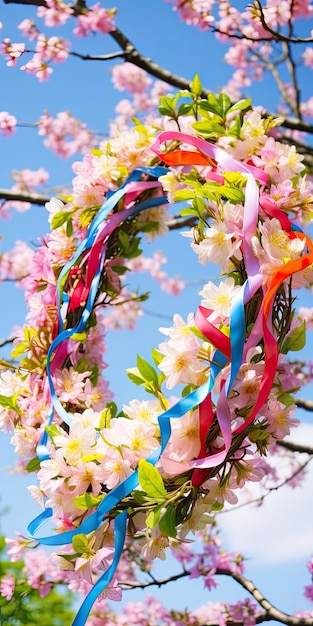 Colorful Ribbons with Flower Wreath Symbol of Beltane Tradition with Natural Spring Garden