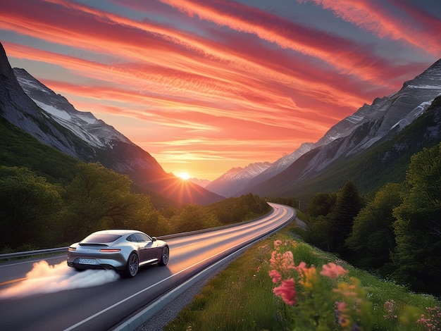 Photo colorful road landscape at sunset beautiful nature scenery in green mountains car driving on highway