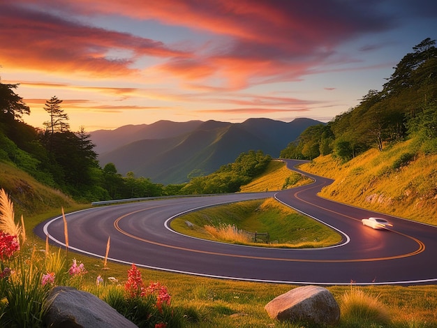 Photo colorful road landscape at sunset beautiful nature scenery in green mountains car driving on highway