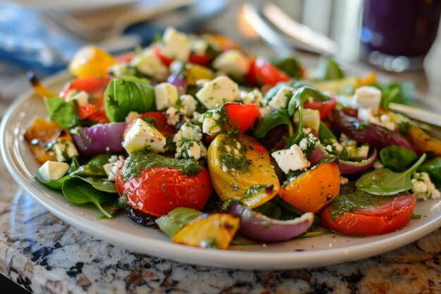 Colorful roasted vegetable salad with feta cheese fresh basil and herbs creating a vibrant and healthy dish