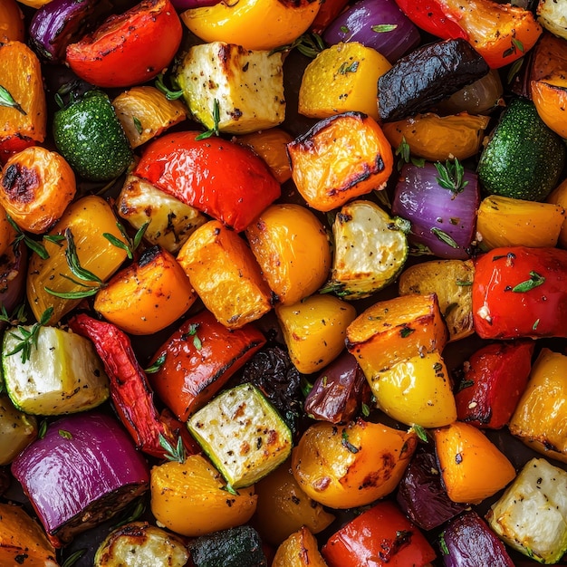 Photo colorful roasted vegetables assortment background top view filling the entire image