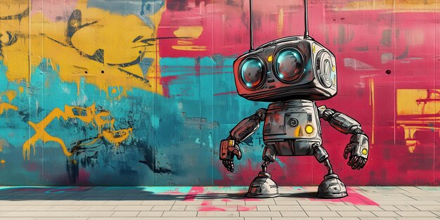 A colorful robot stands against a vibrant graffiti wall showcasing a blend of technology and urban art