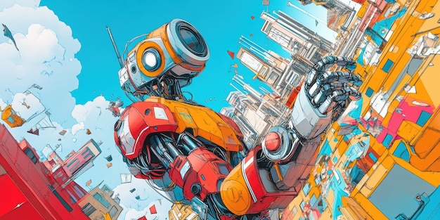 A colorful robot towering over a vibrant futuristic city showcasing advanced technology and imaginative designs in a lively urban setting