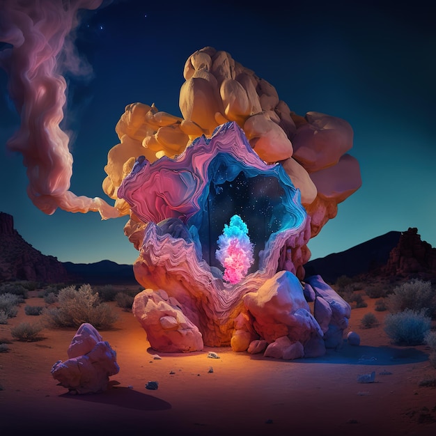 A colorful rock formation with a large pink and blue figure that says'i am a storm '