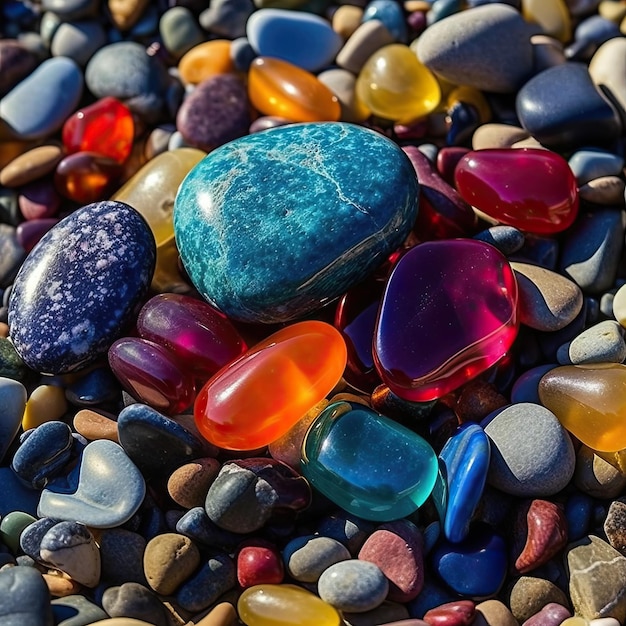 A colorful rock is laying on a beach.