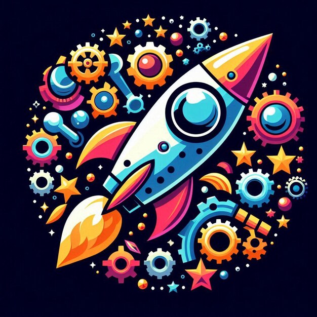 Photo a colorful rocket is in a circle with many different objects around it