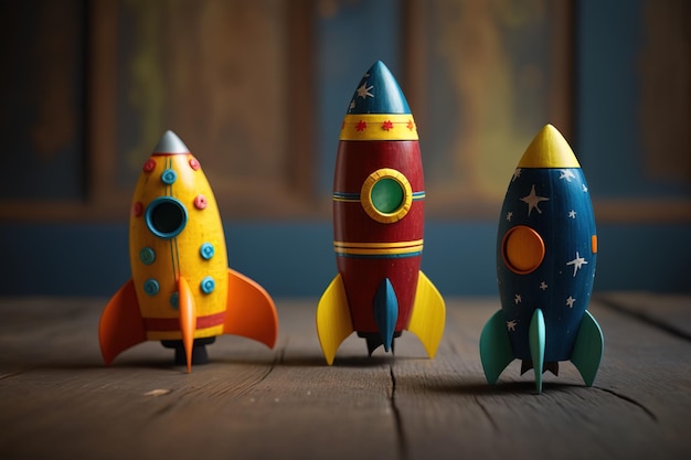 A colorful rocket toys on the wooden table