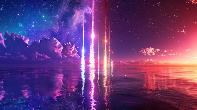 Colorful rockets bursting over the ocean reflecting in the waves below