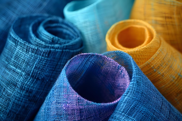 Photo colorful rolled fabric textiles blue purple yellow and turquoise for interior design and crafts