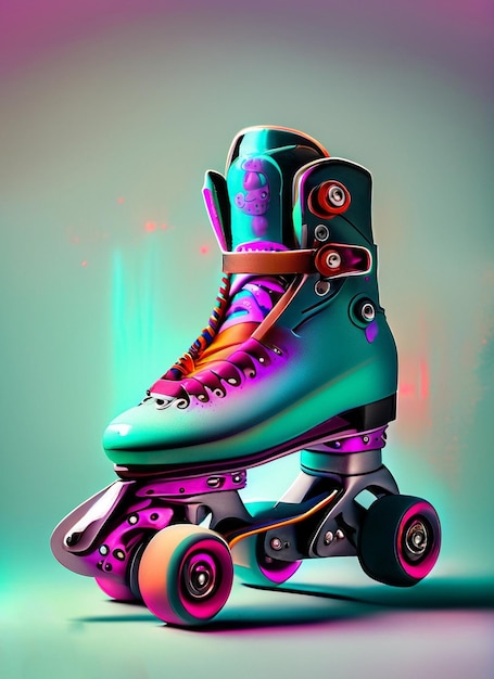 A colorful roller skate with a pink and green logo on the bottom.