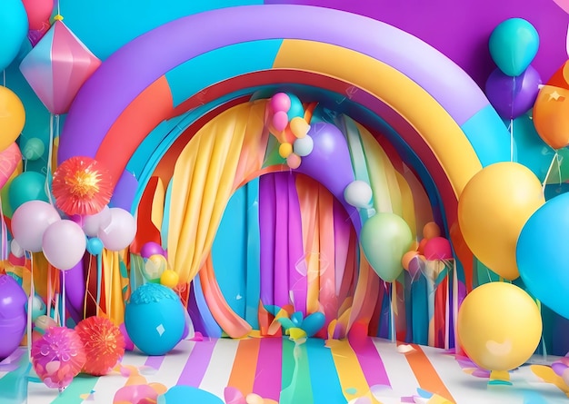 a colorful room with balloons and a rainbow colored background.