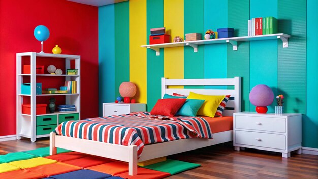 Photo a colorful room with a bed a book shelf and a bookcase