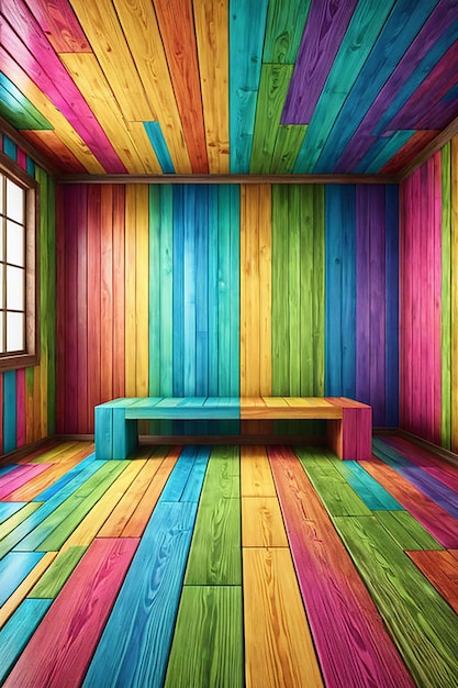 a colorful room with a bench and a window with the blinds open