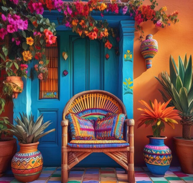 Photo a colorful room with a blue door and flowers on the wall