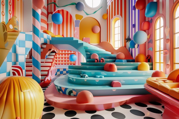 Photo a colorful room with a bunch of balloons and a toy boat