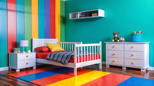 Photo a colorful room with a colorful rug and a colorful striped floor