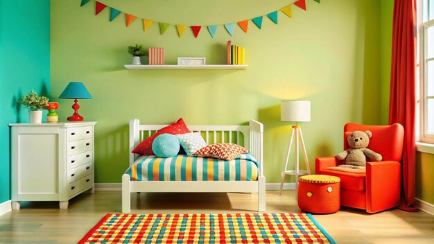 Photo a colorful room with a colorful striped bed and a colorful banner with the words quot the quot on it