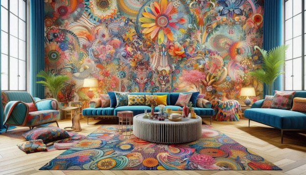 a colorful room with a colorful wallpaper with a colorful design