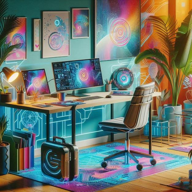 a colorful room with a computer and a picture of a plant