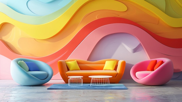 a colorful room with a couch and a couch with a blue and orange chair