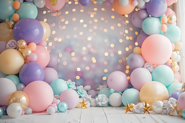 A colorful room with a lot of balloons and stars