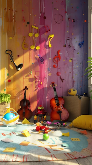 Photo a colorful room with musical instruments toys and a rainbowhued wall sunlight streams in casting warm light on the scene