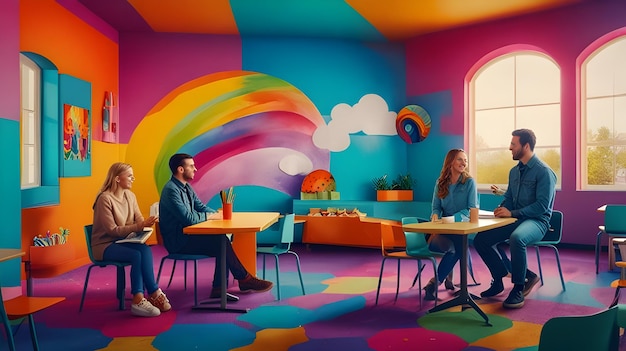 Photo a colorful room with people and a rainbow painting on the wall