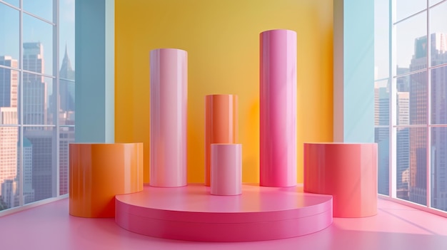 A colorful room with pink and orange pillars and a city view in the background