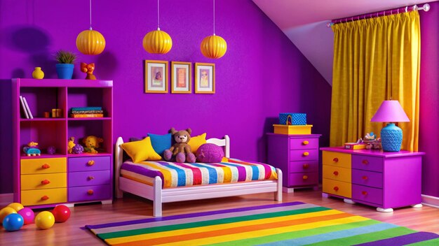 Photo a colorful room with a purple wall and a purple couch with a teddy bear on it