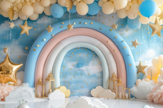 A colorful room with a rainbow balloon arch and a couch Celebrate Party backdrop