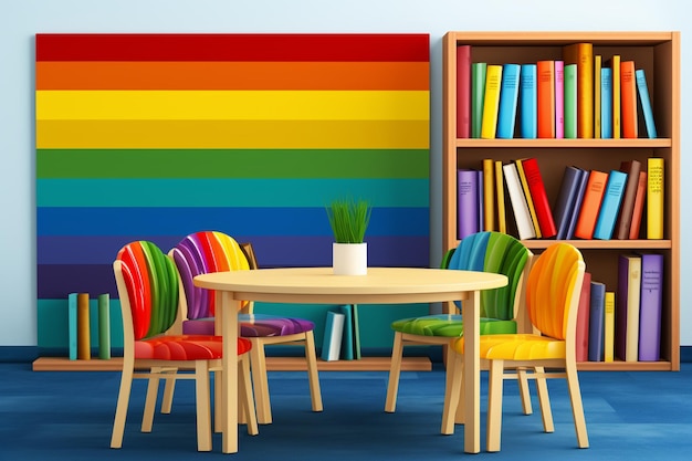 Photo a colorful room with a rainbow wall and a table with chairs and books