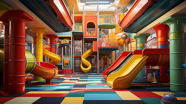 Photo a colorful room with a slide that says  the bottom of the slide