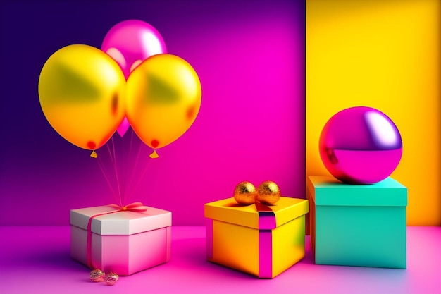 A colorful room with three gift boxes and balloons and a balloon tied to the top of it.