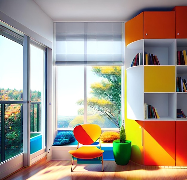 A colorful room with a yellow chair and a colorful chair