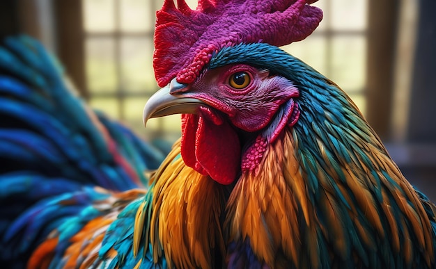 Colorful rooster in the farm closeup photo