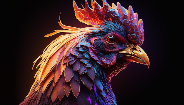 Colorful rooster neon chicken head AI Generated