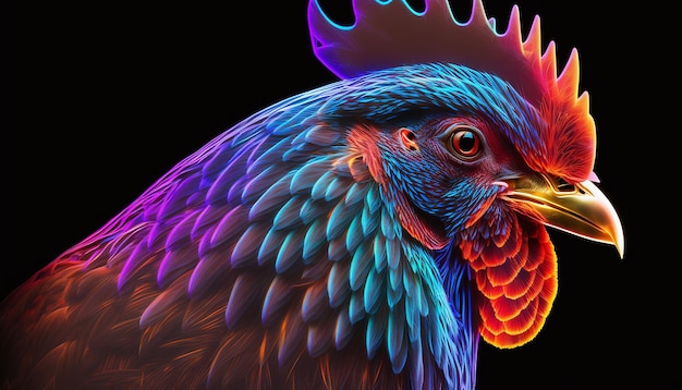 Colorful rooster neon chicken head AI Generated