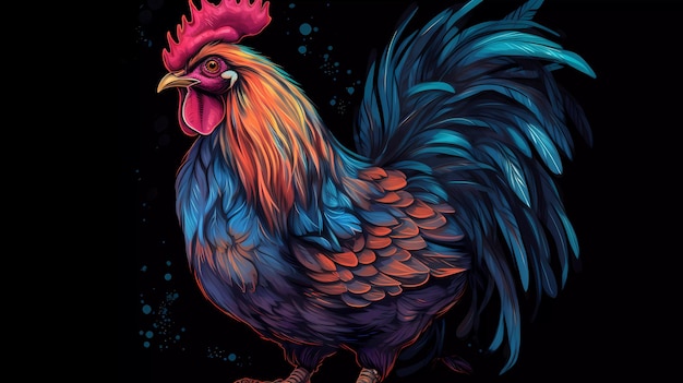 A colorful rooster with a black background and a black background.