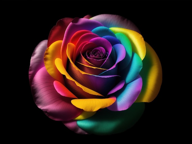 A colorful rose is shown with the colors of the rainbow.