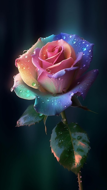 A colorful rose with water drops on it