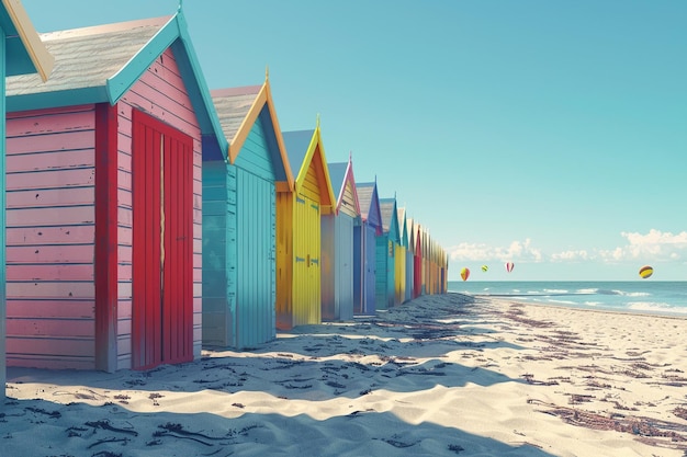 Colorful row of beach huts along the shore