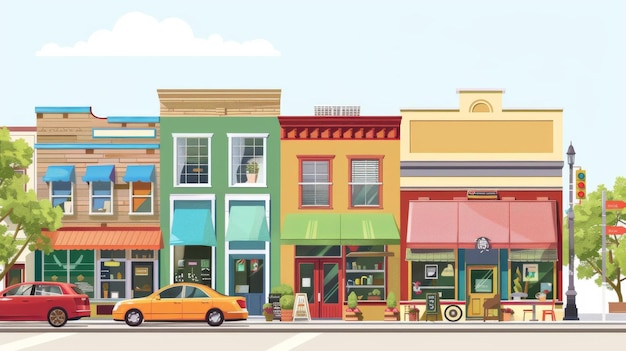 Photo a colorful row of buildings with a red car parked in front of one of them